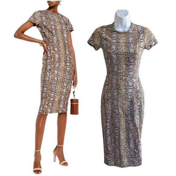 Victoria Beckham Dresses & Skirts - VICTORIA BECKHAM Brown Snake Jacquard Sheath Midi Dress Cap Sleeve Sz UK 8/US 4